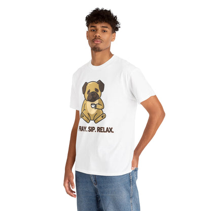 Person wearing a white t-shirt with a colorful graphic on a white background