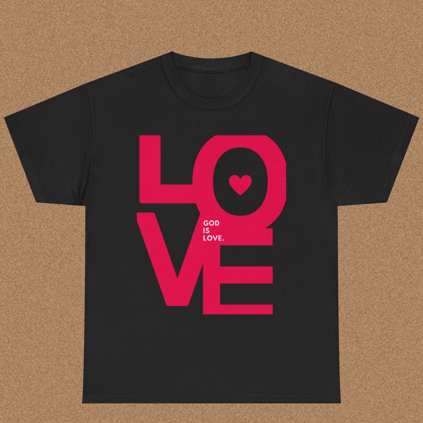 Black t-shirt with pink 'LOVE' graphic and text on a brown background