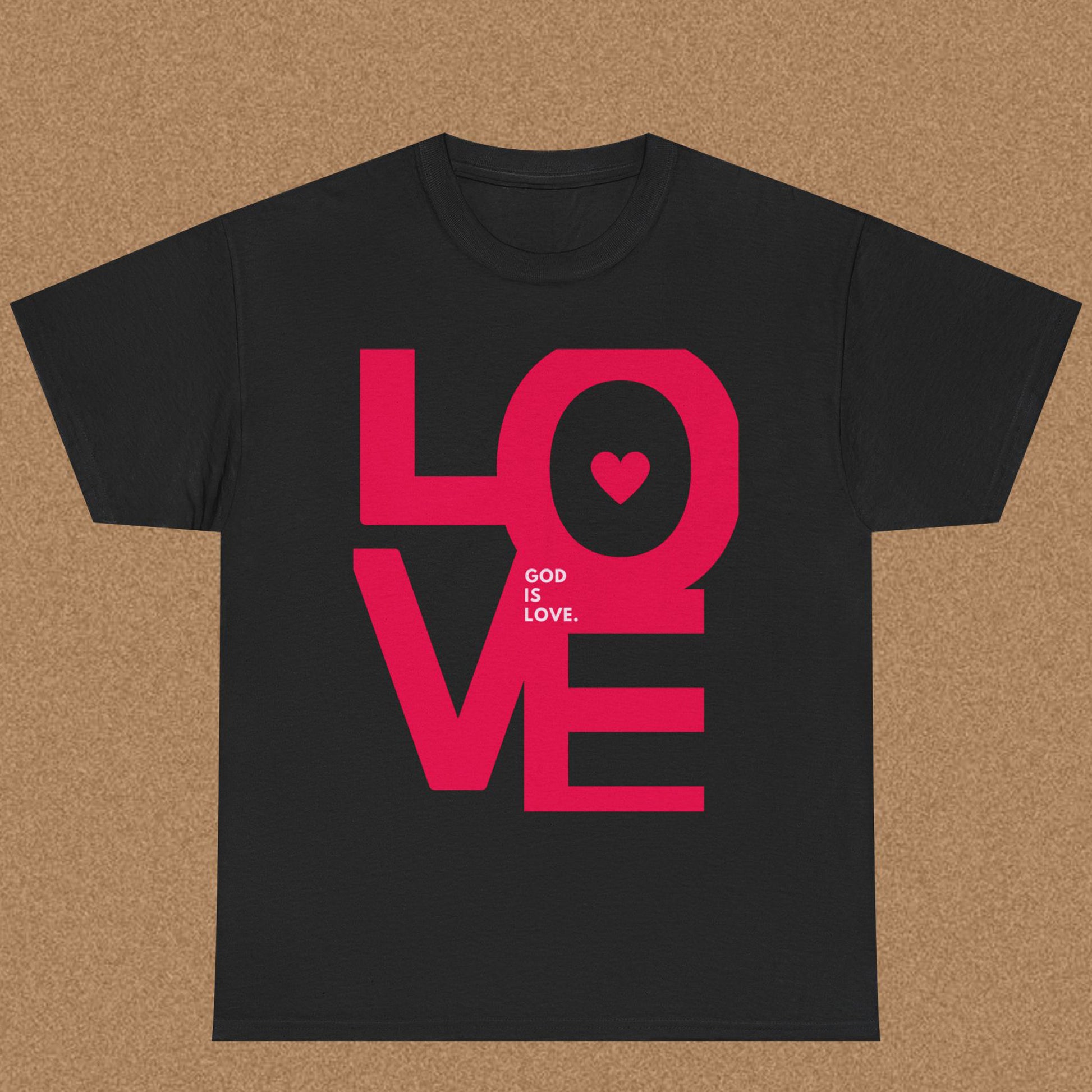 Black t-shirt with pink 'LOVE' graphic and text on a brown background