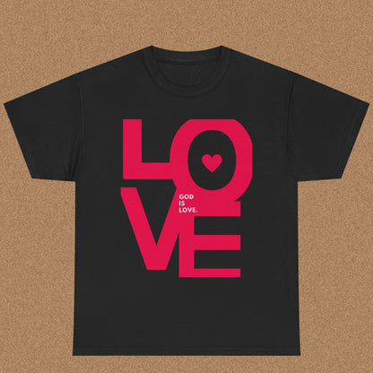 Black t-shirt with pink 'LOVE' graphic and text on a brown background