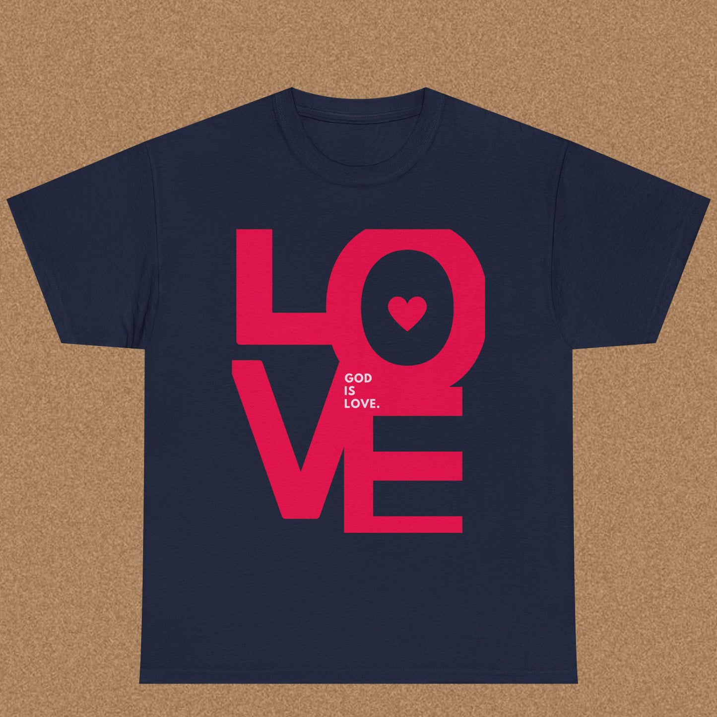 Navy blue t-shirt with pink 'LOVE' graphic and text on a brown background