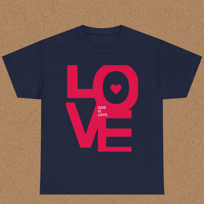 Navy blue t-shirt with pink 'LOVE' graphic and text on a brown background