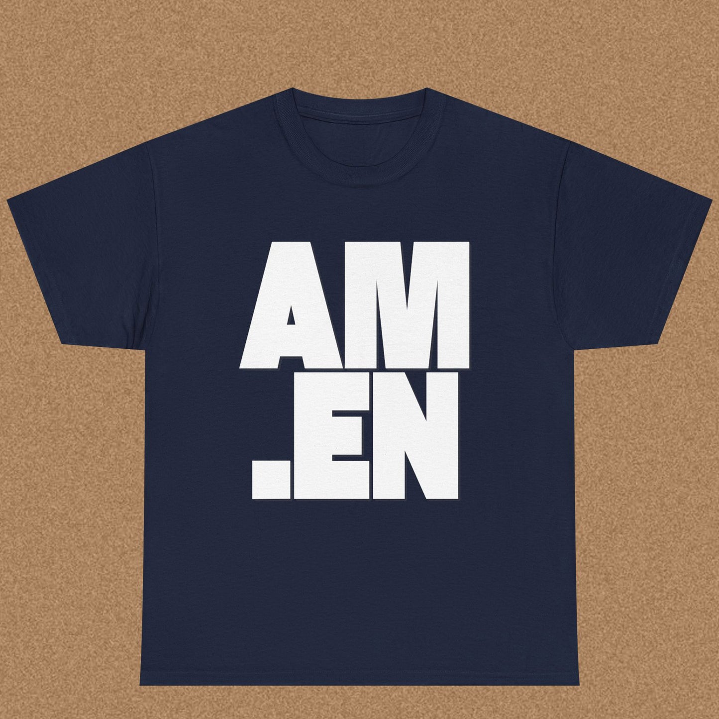 Navy blue t-shirt with 'AMEN' printed in white on a brown background