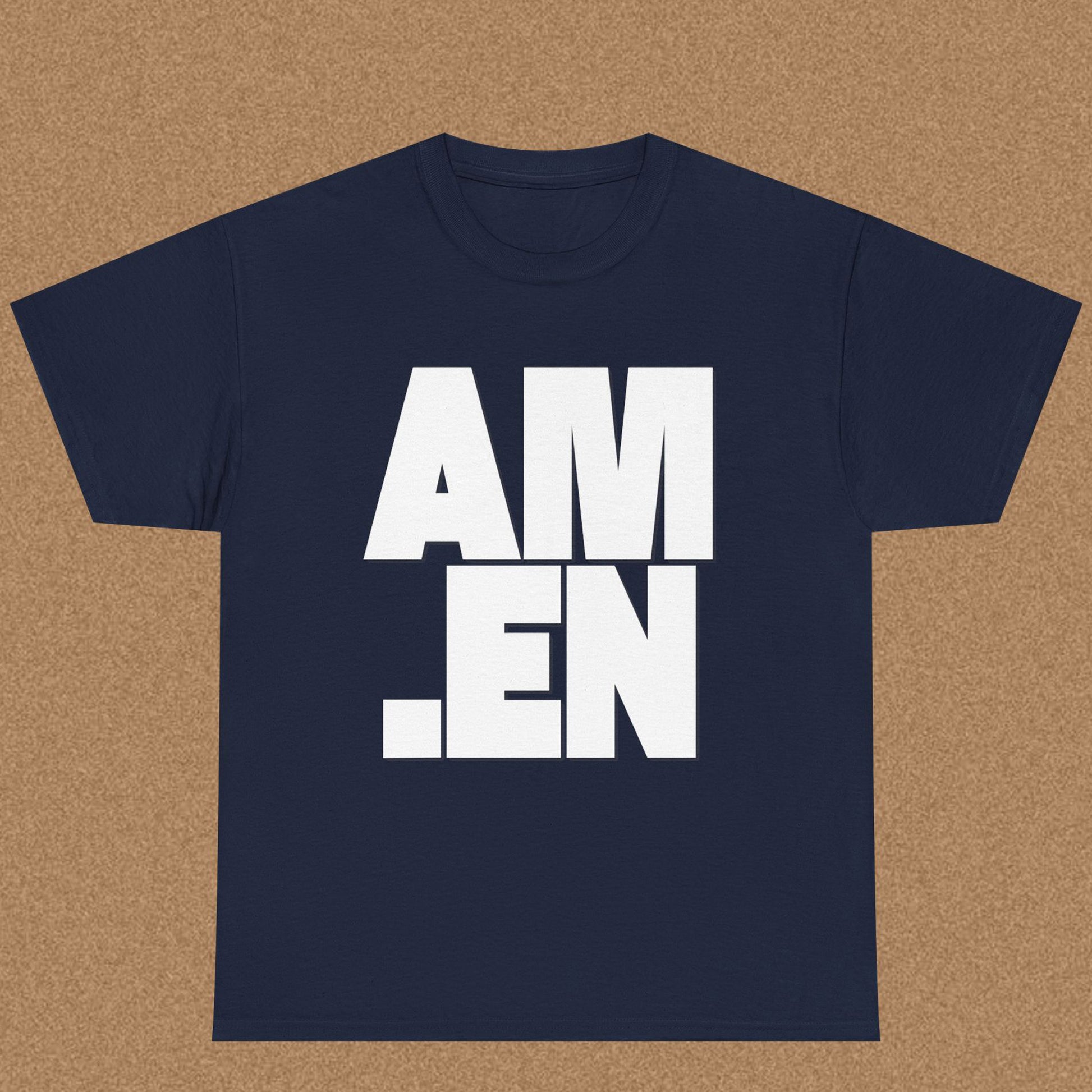 Navy blue t-shirt with 'AMEN' printed in white on a brown background