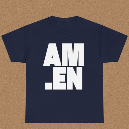 Navy blue t-shirt with 'AMEN' printed in white on a brown background