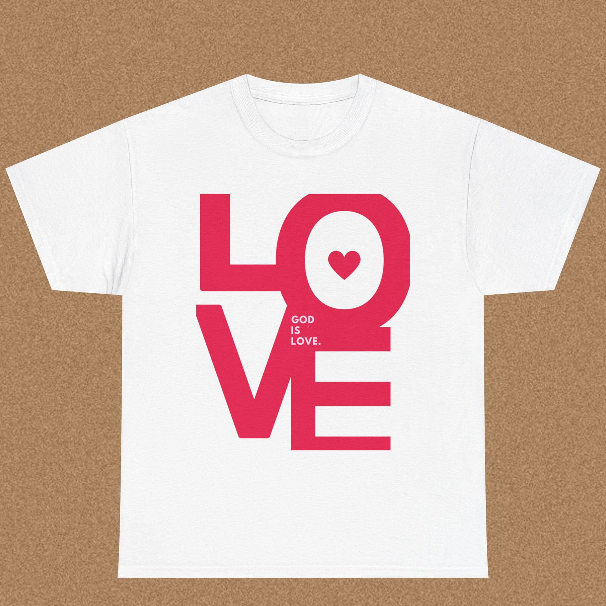 White t-shirt with pink 'LOVE' graphic and text on a brown background