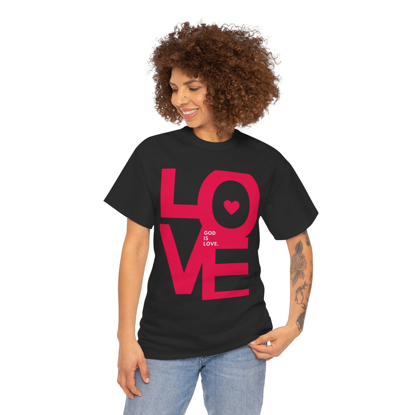 Woman wearing a black t-shirt with pink 'LOVE' design on a white background