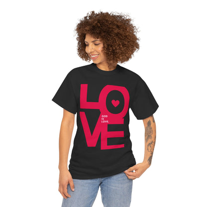 Woman wearing a black t-shirt with pink 'LOVE' design on a white background