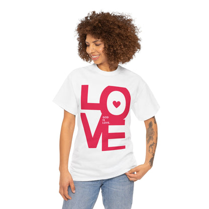 Woman wearing a white t-shirt with pink 'LOVE' graphic and text on a white background
